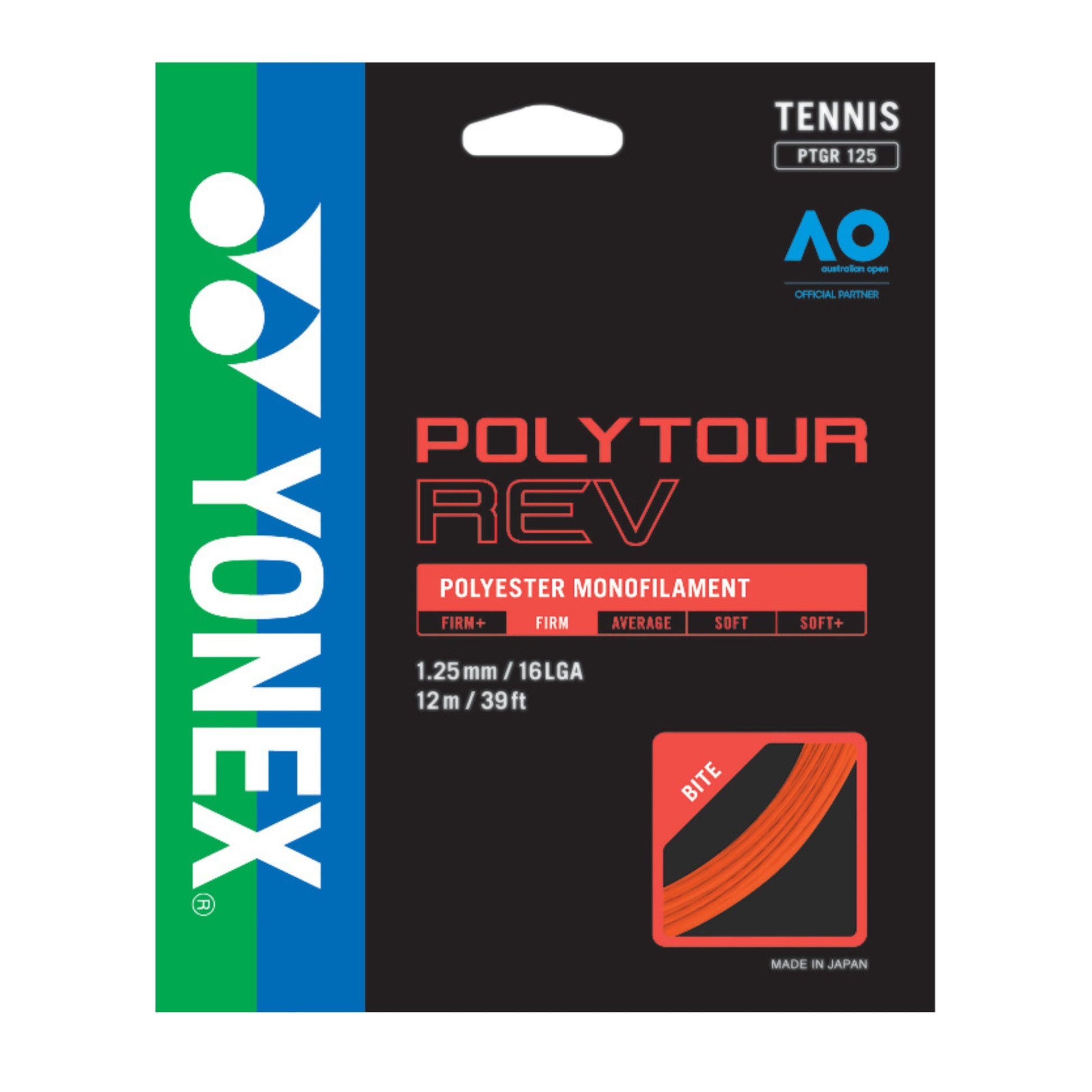 Yonex Polytour Rev tennis string packaging with brand logos on a white background