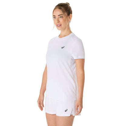 Woman wearing a white Asics t-shirt with a logo on a white background