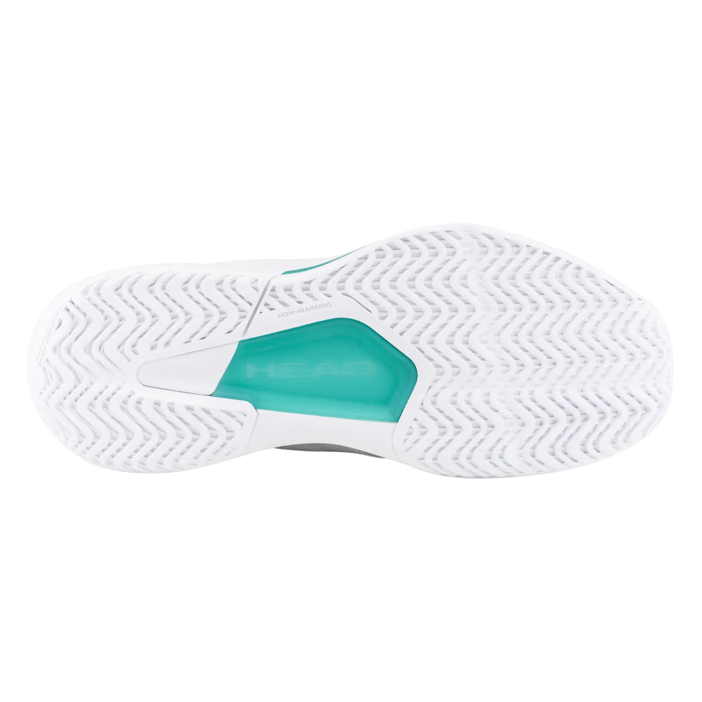Bottom view of a Head tennis shoe sole with teal accents and a wave texture on a white background