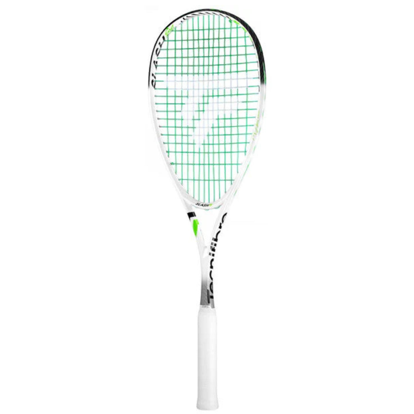 A Tecnifibre squash racket with a white frame, green and white stringing, and a white grip, shown vertically against a plain white background.