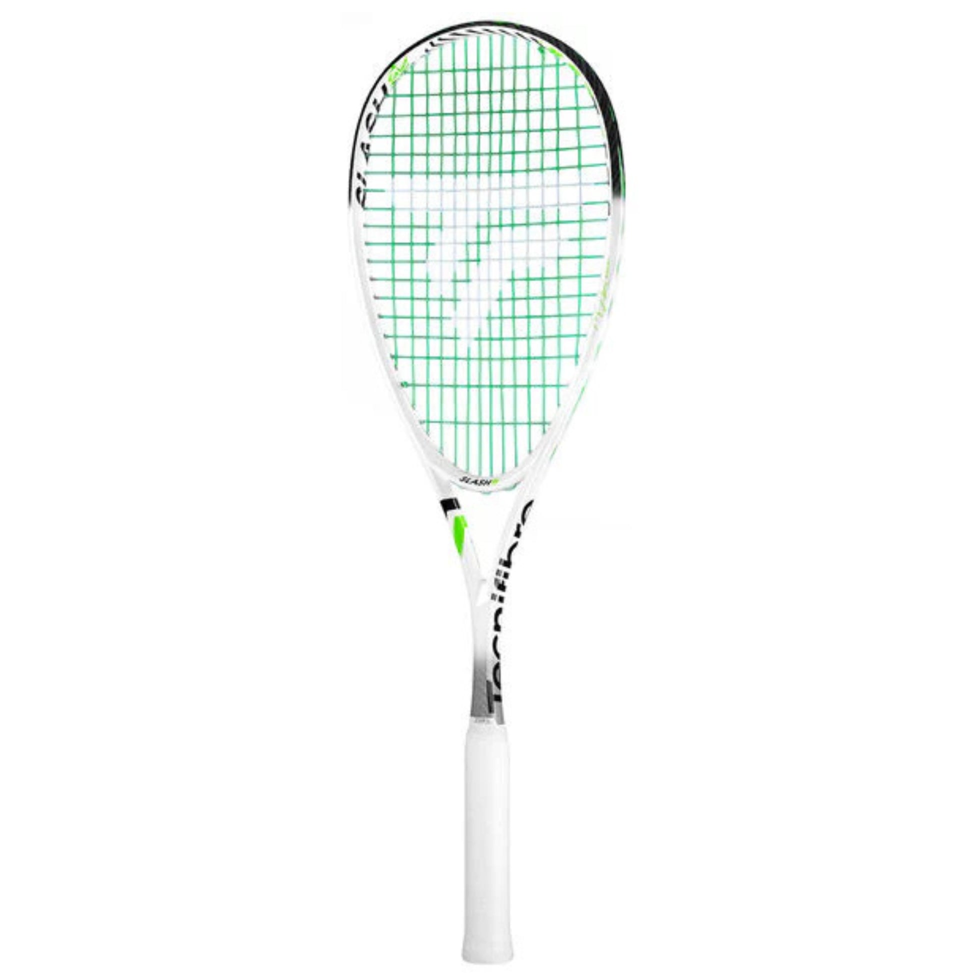 A Tecnifibre squash racket with a white frame, green and white stringing, and a white grip, shown vertically against a plain white background.
