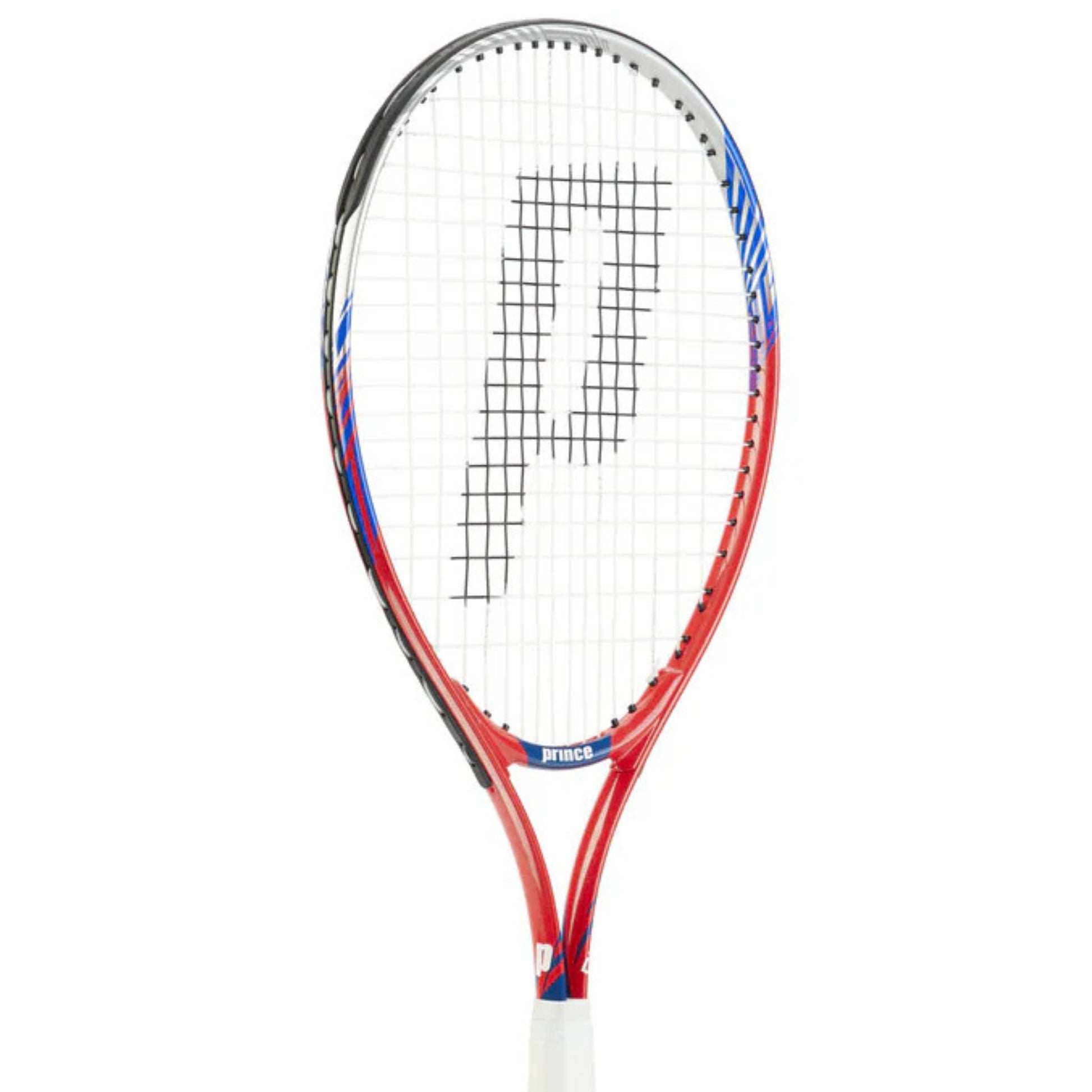 Tennis racket with a red and blue design on a white background