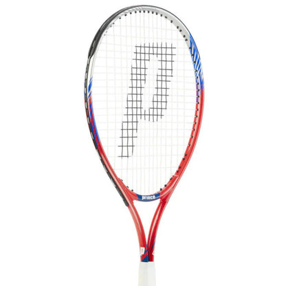 Tennis racket with a red and blue design on a white background