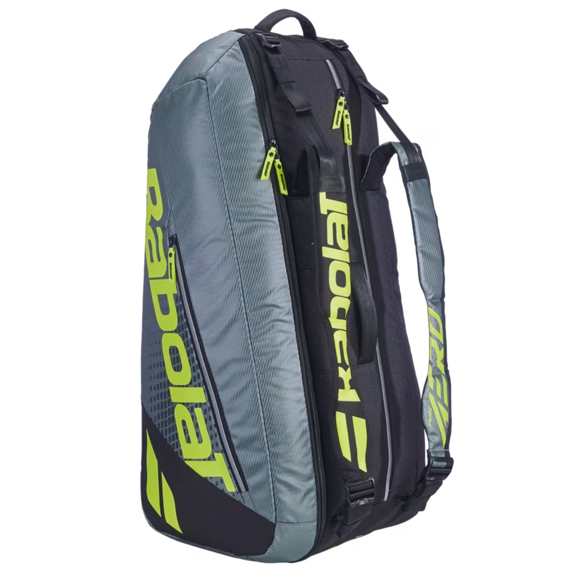 Gray and black tennis bag with green branding on a white background