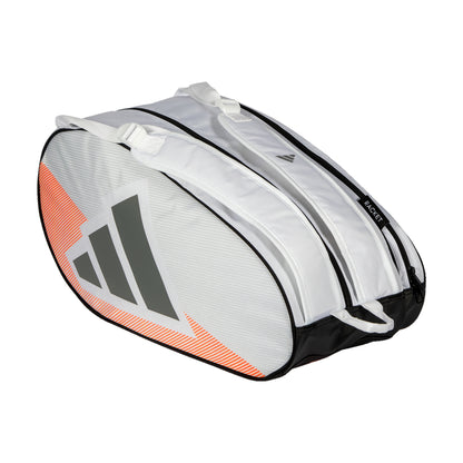 White tennis bag with orange accents and Adidas logo on a white background