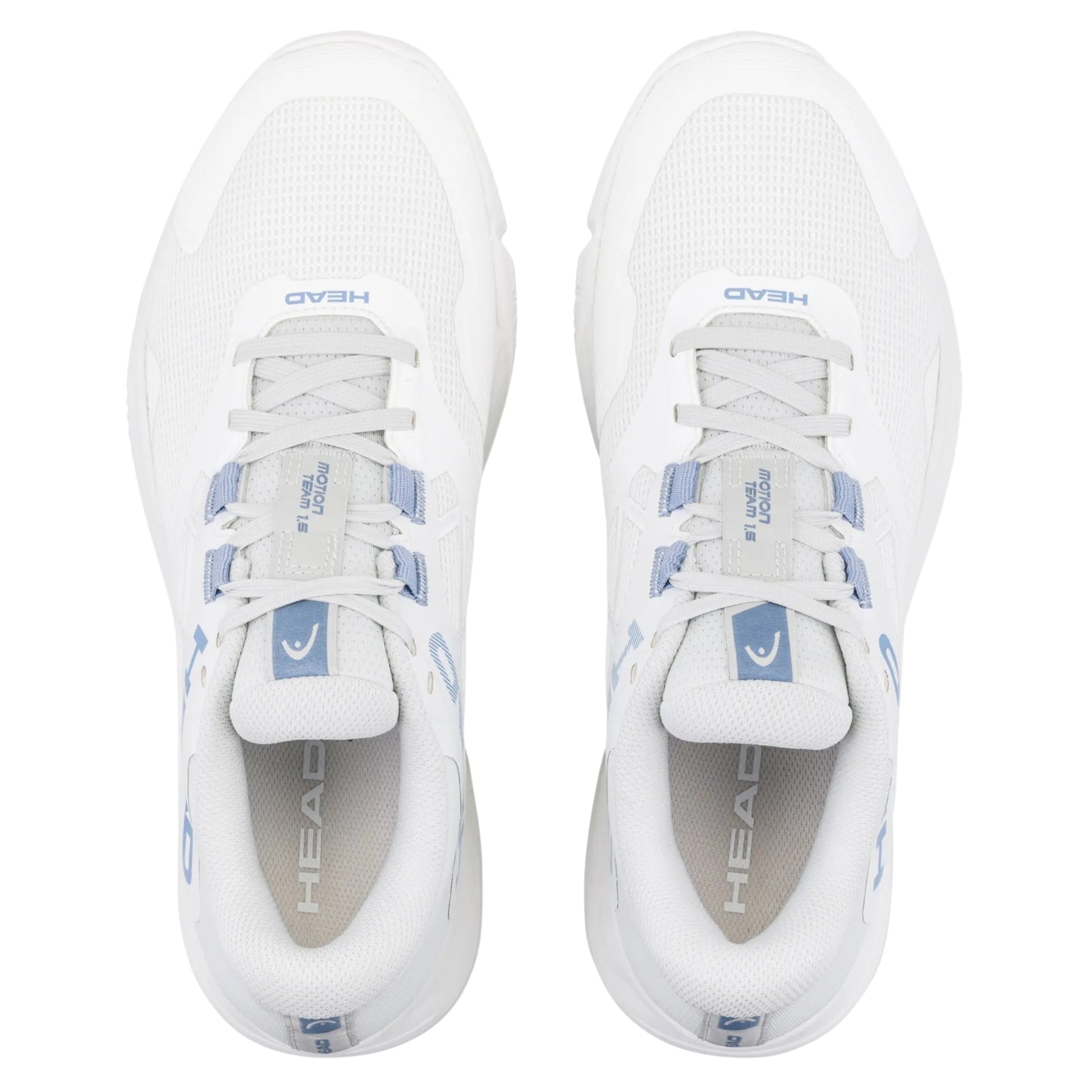 Head padel shoes with Head logo with light blue accents on a white background