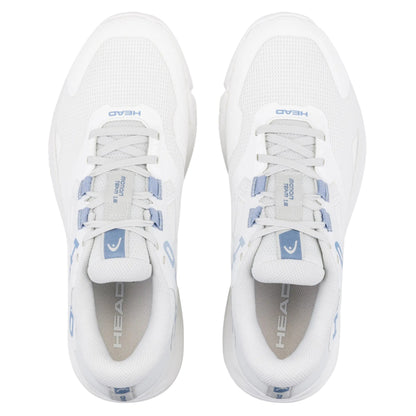 Head padel shoes with Head logo with light blue accents on a white background