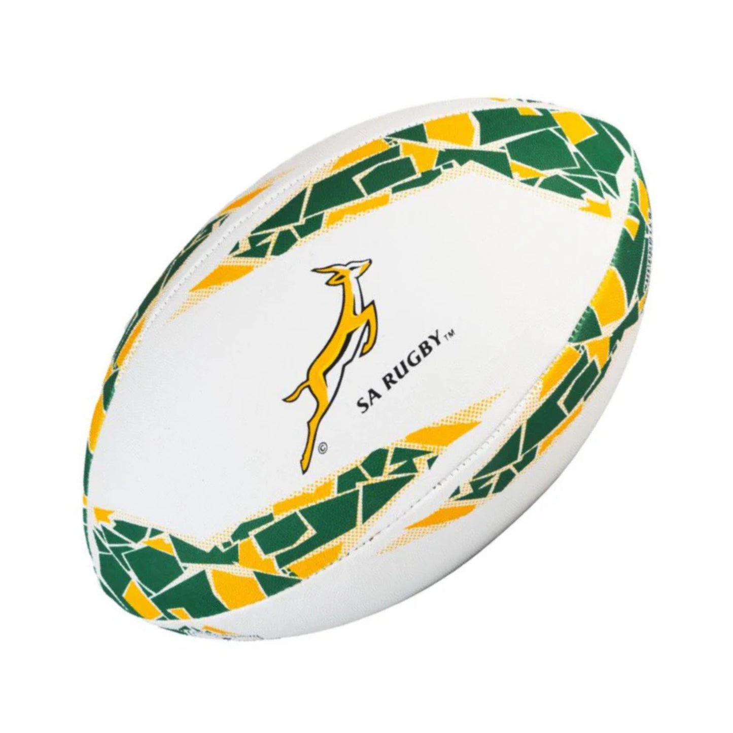 Rugby ball with green and yellow patterns and SA Rugby wording with Springbok on a white background