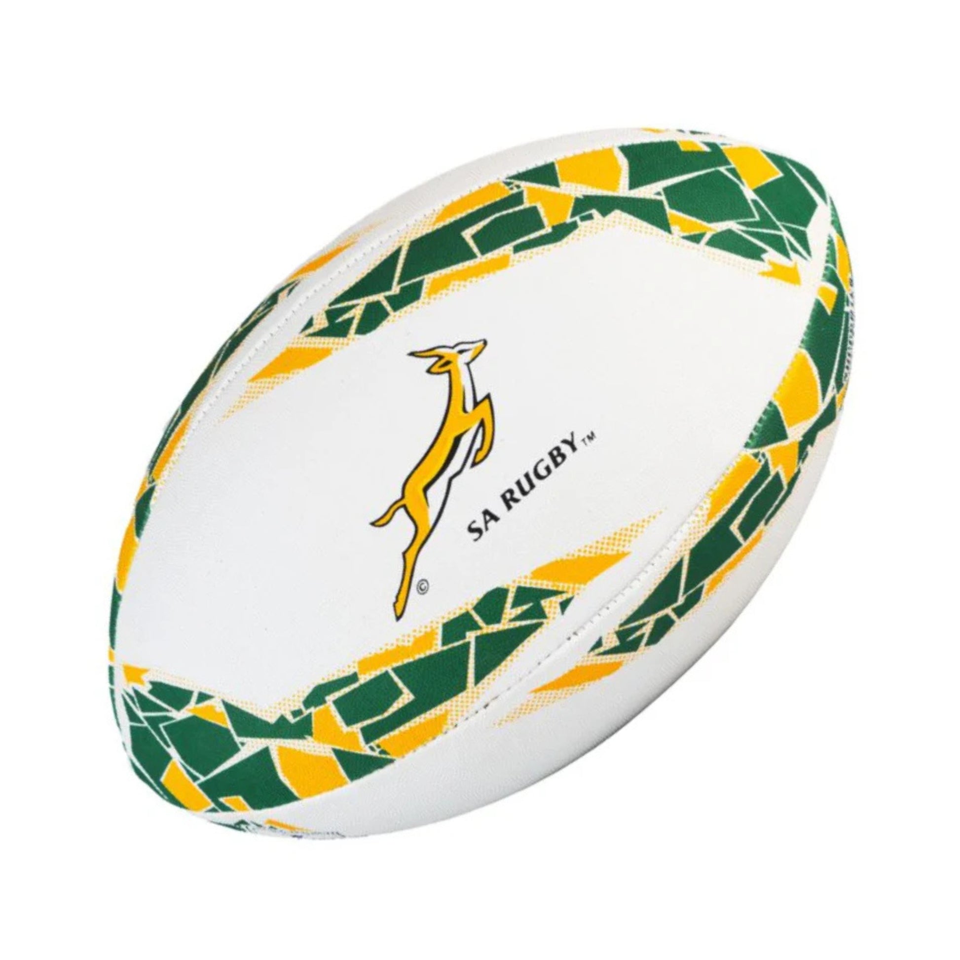 Rugby ball with green and yellow patterns and SA Rugby wording with Springbok on a white background