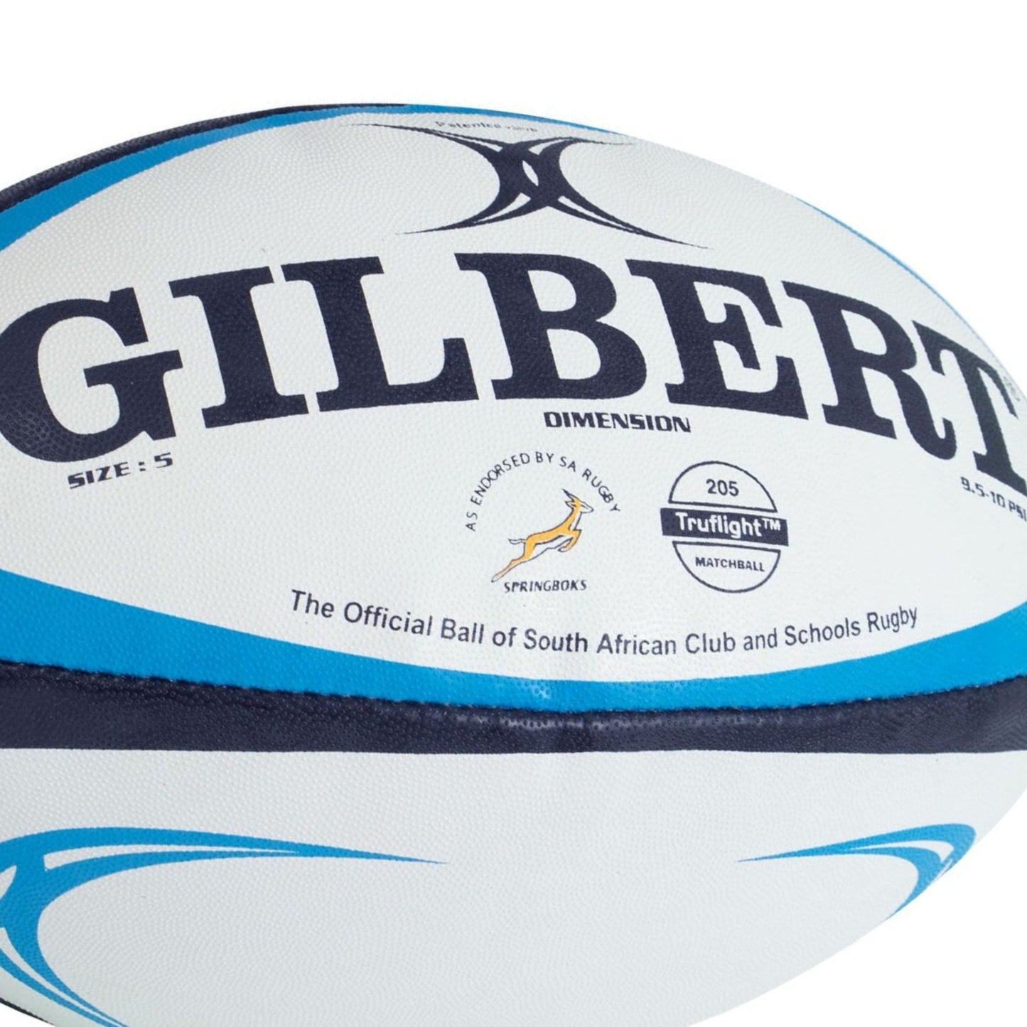 Gilbert rugby ball with branding and text on a white background