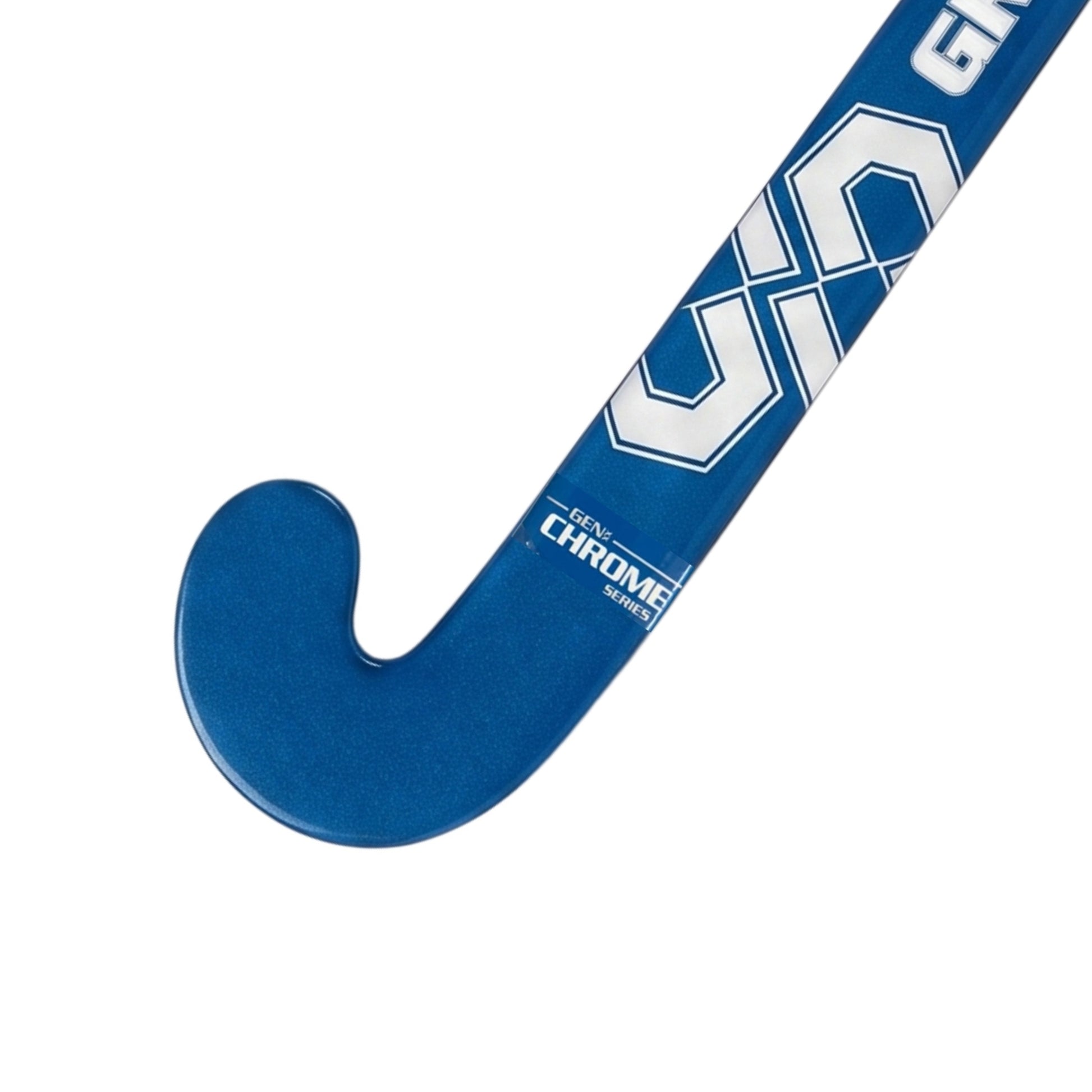 A close-up of a blue field hockey stick showing the curved blade and part of the shaft with white printed graphics and the text 'CHROME SERIES'.