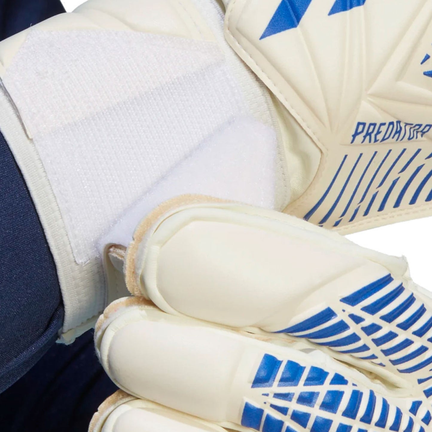Close-up of a pair of white and blue gloves with 'Predator' branding.