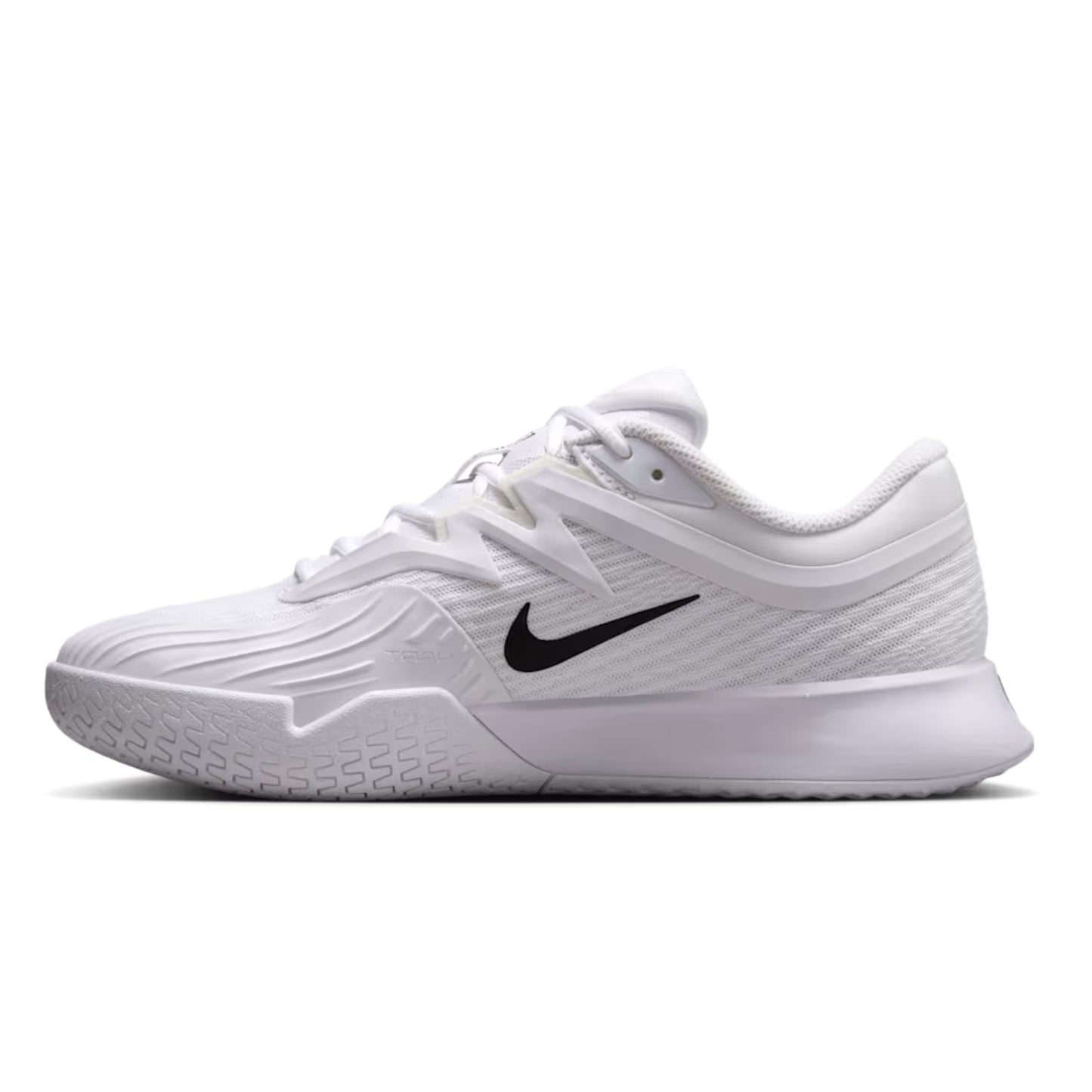 White tennis shoe with black Nike logo on a white background