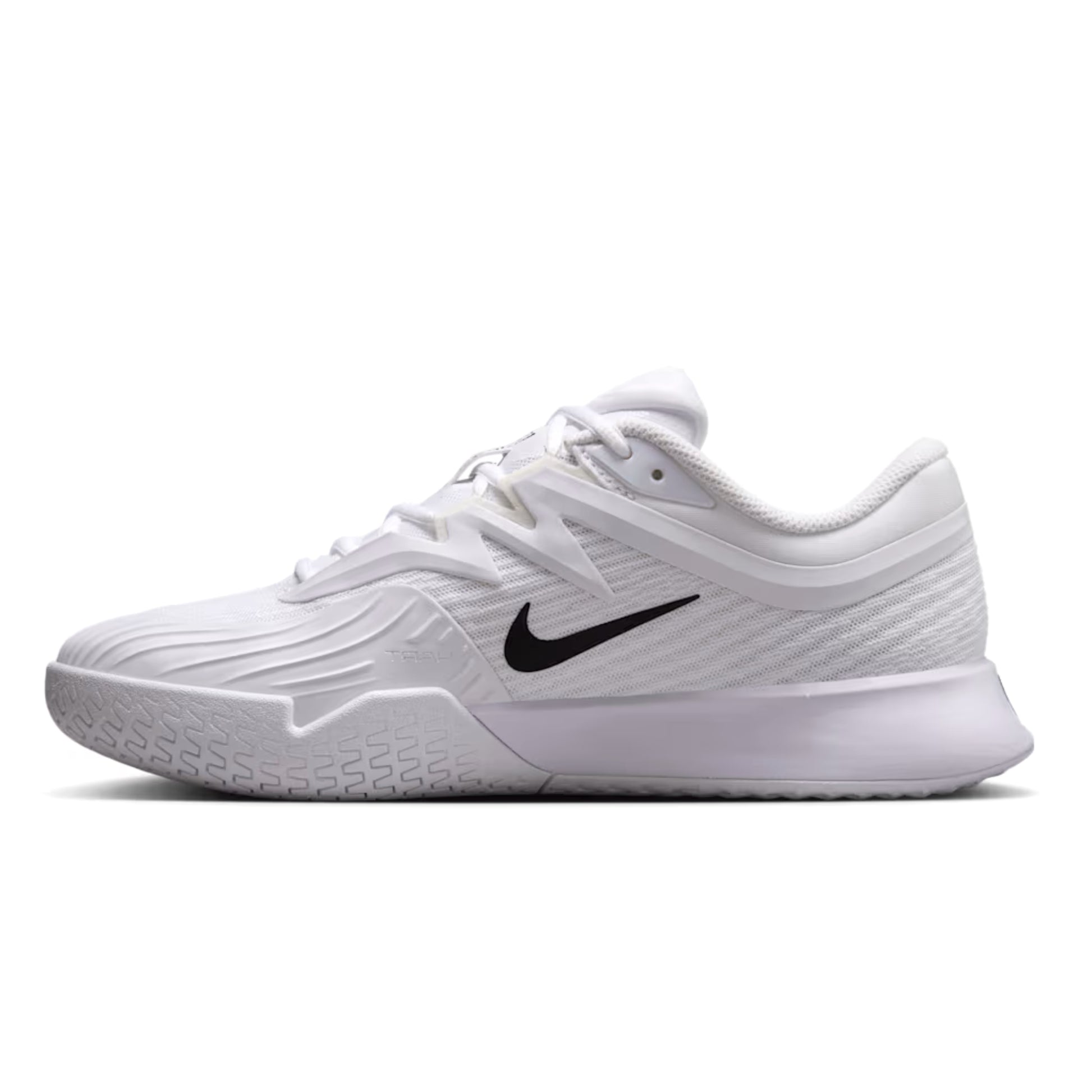 White tennis shoe with black Nike logo on a white background