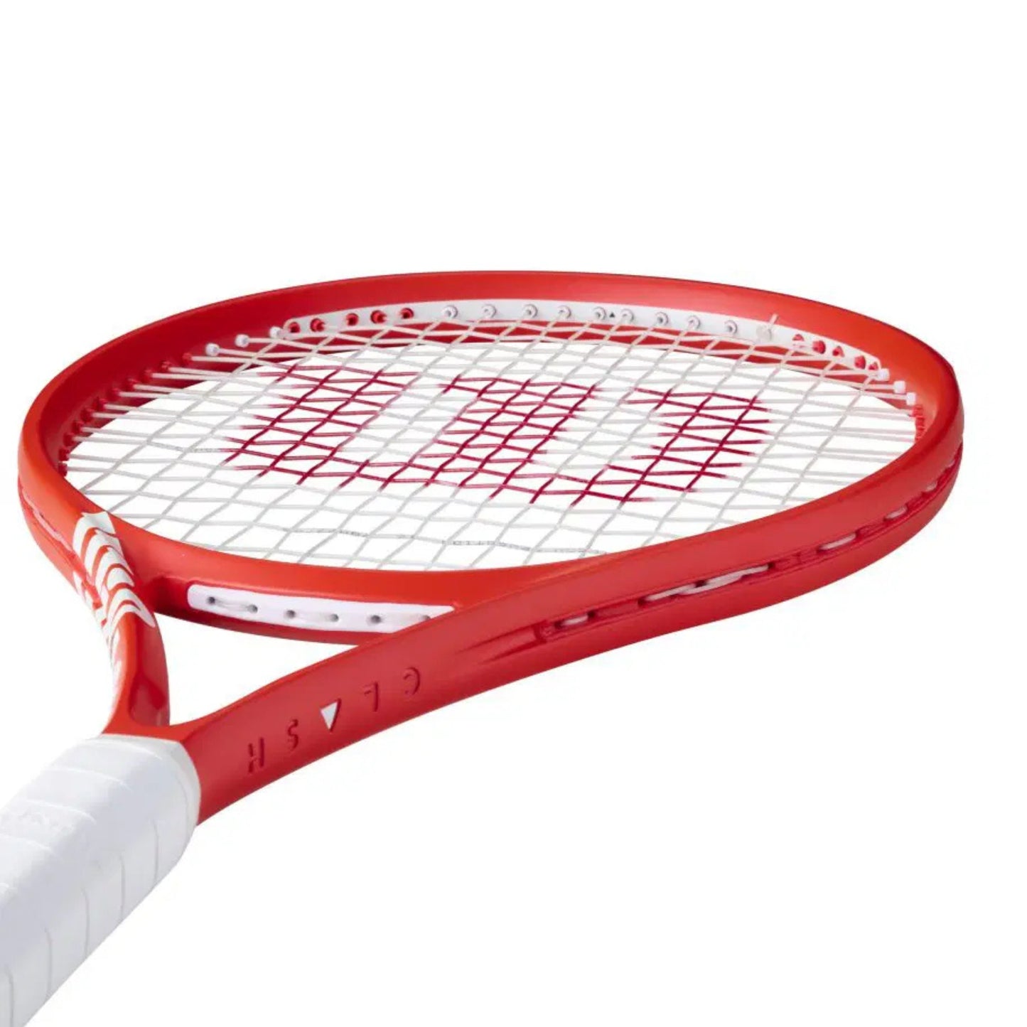 Red tennis racket with white handle on a white background