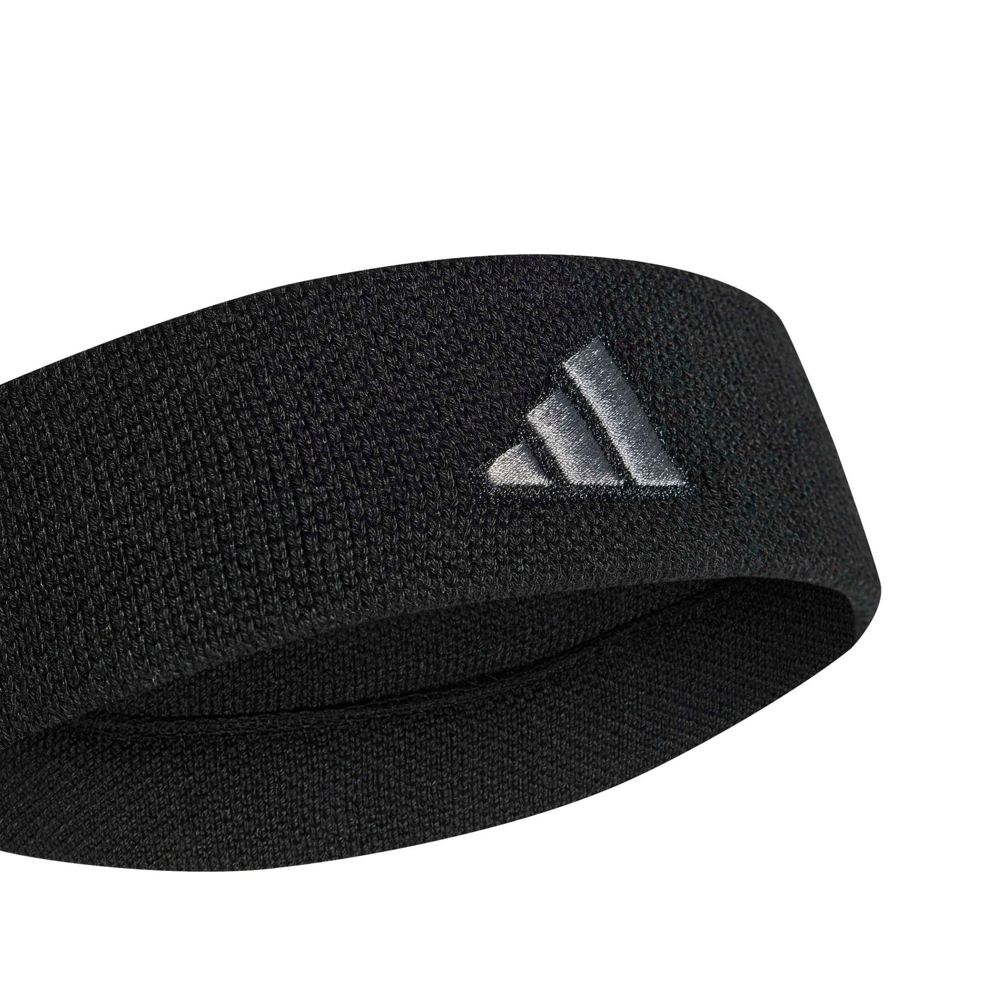 Black headband with Adidas logo on a white background