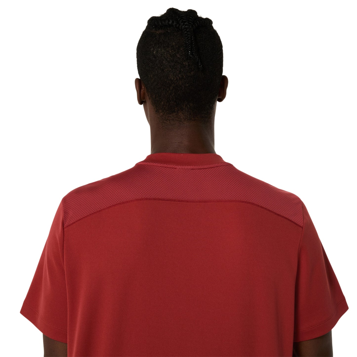 Back view of a person wearing a red shirt on a white background
