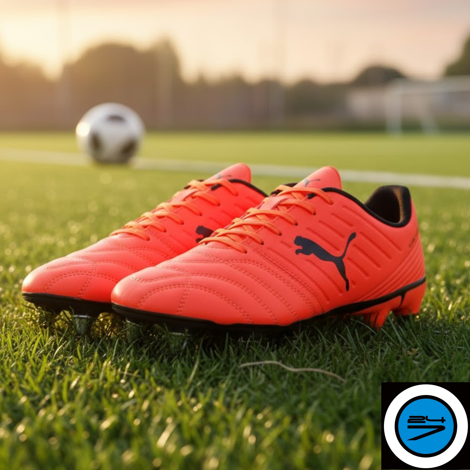 Red rugby boots with black accents on grass, blurred soccer ball in background