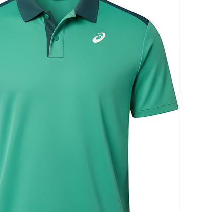 Green polo shirt with a brand logo on a white background