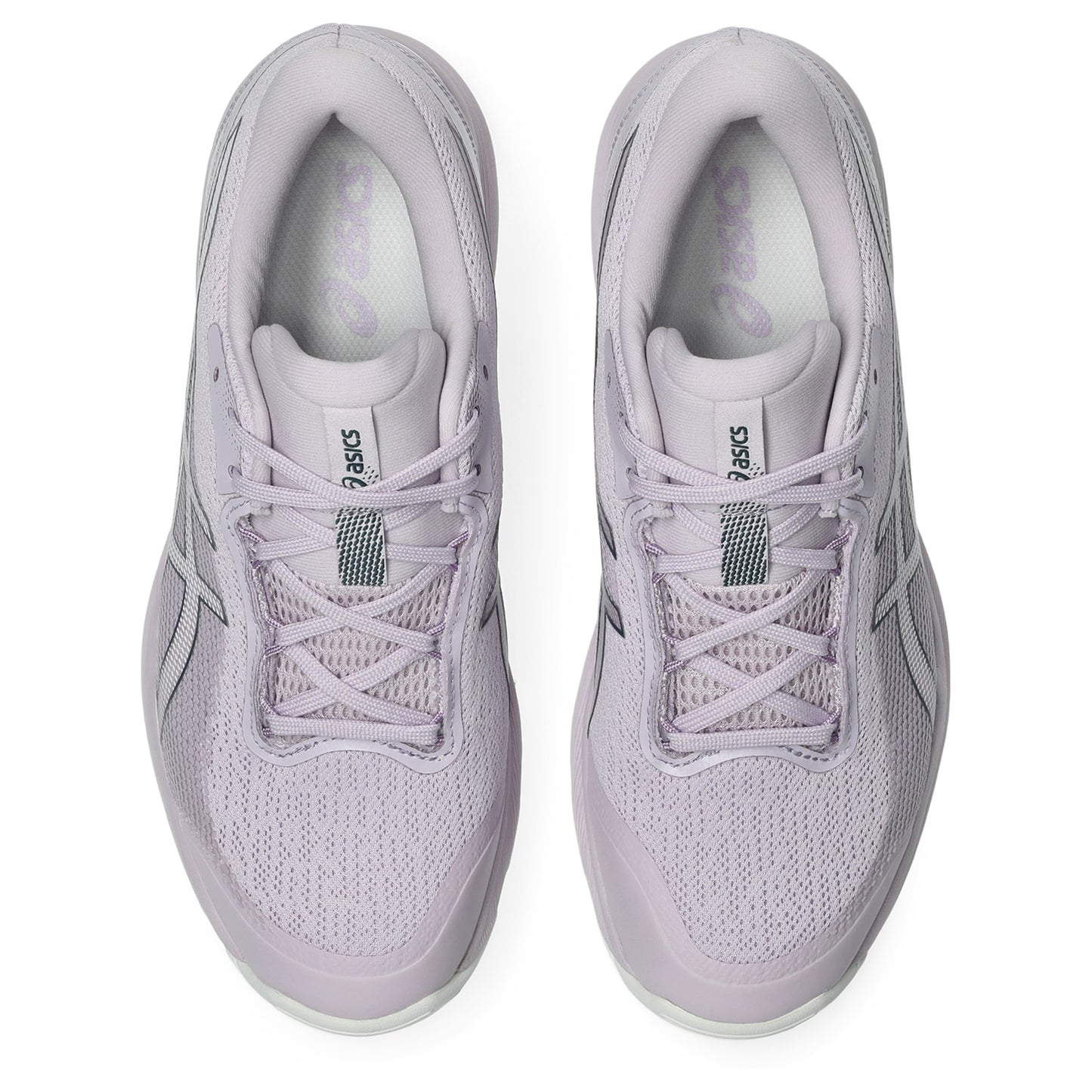 Light pink Asics shoes with black accents on a white background