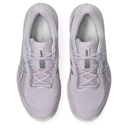 Light pink Asics shoes with black accents on a white background
