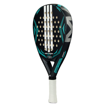 Padel racket with black and teal design on a white background