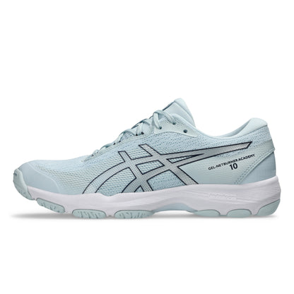Light blue netball shoe with brand logo on a white background