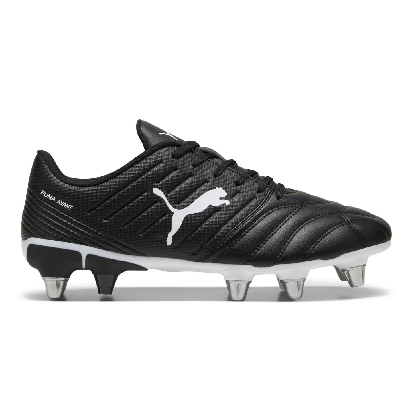 Black rugby boot with white logo on a white background