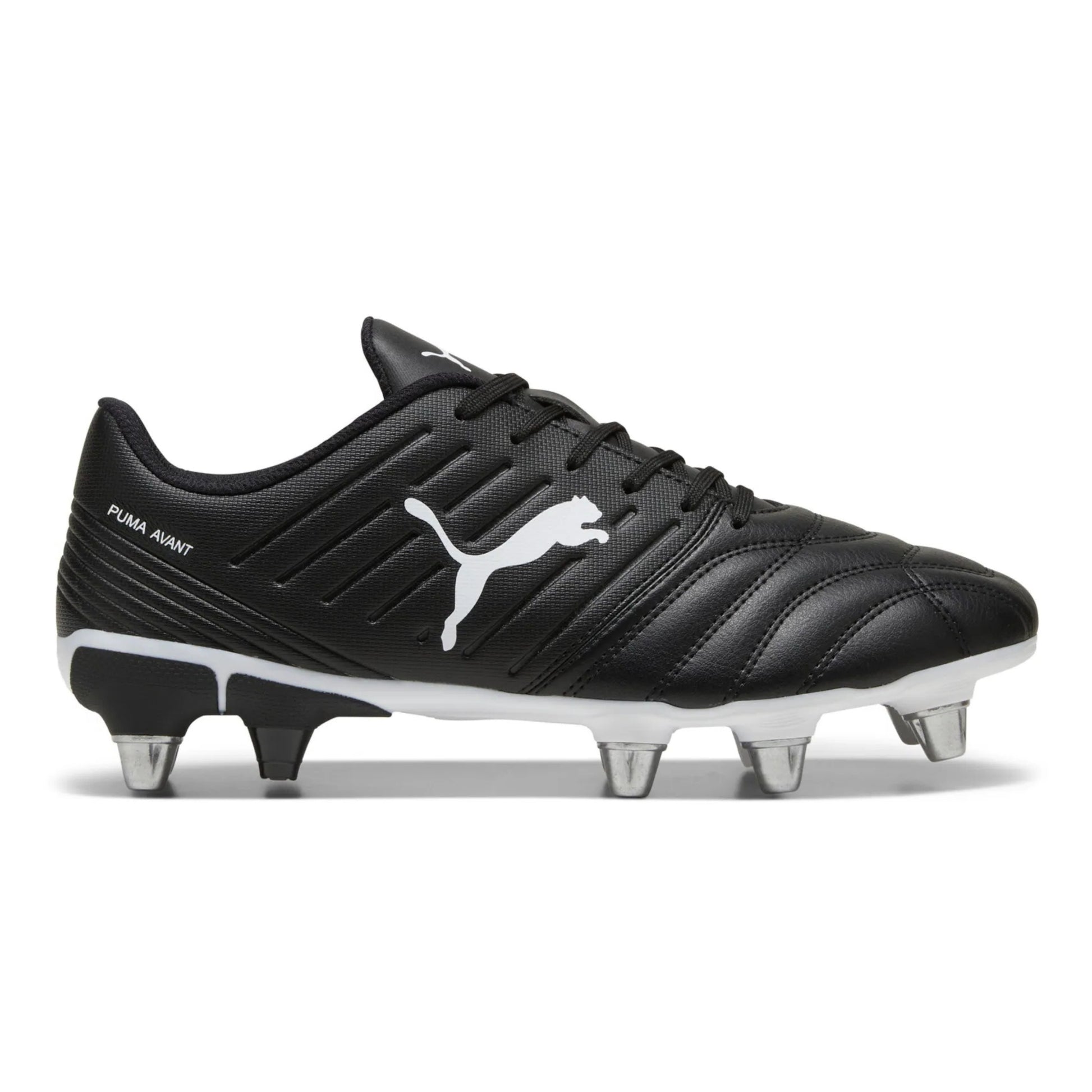 Black rugby boot with white logo on a white background