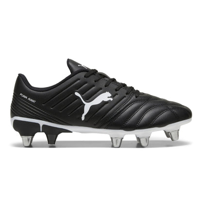 Black rugby boot with white logo on a white background