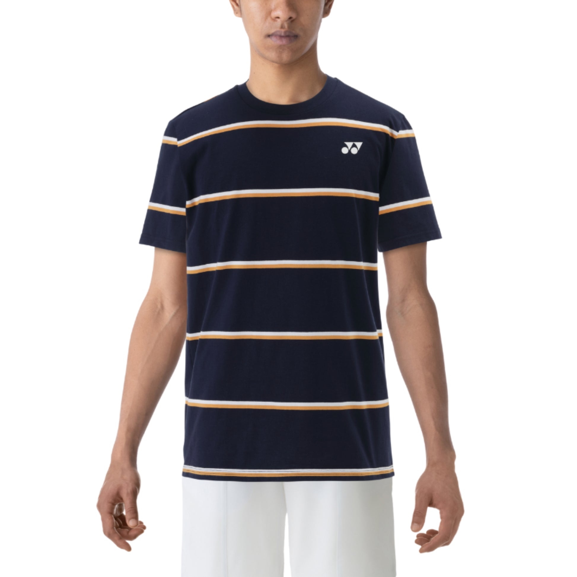 Person wearing a navy blue and beige striped Yonex t-shirt with a logo on a white background