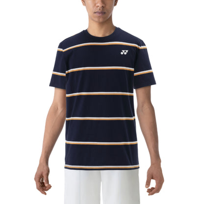 Person wearing a navy blue and beige striped Yonex t-shirt with a logo on a white background