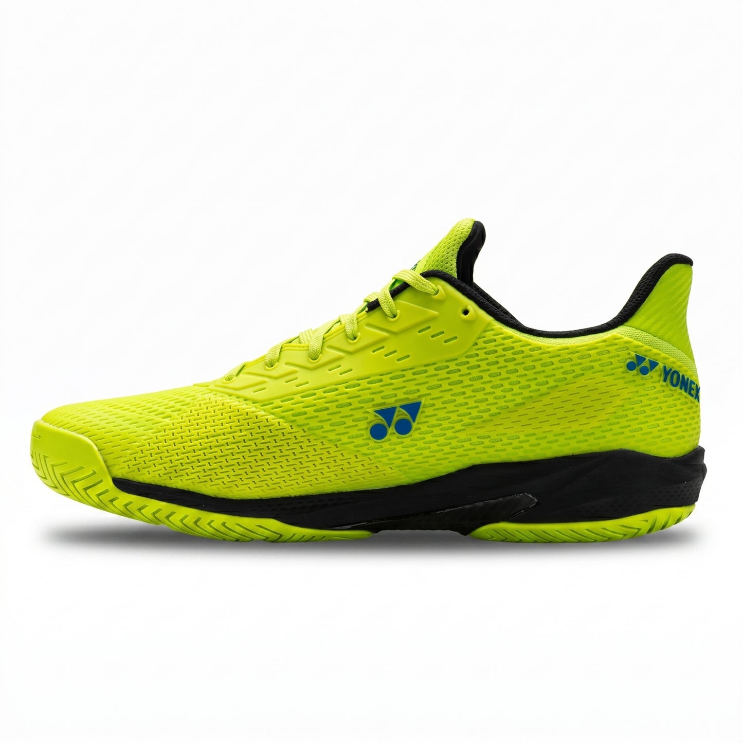 Bright yellow Yonex shoe with black and blue accents on a white background