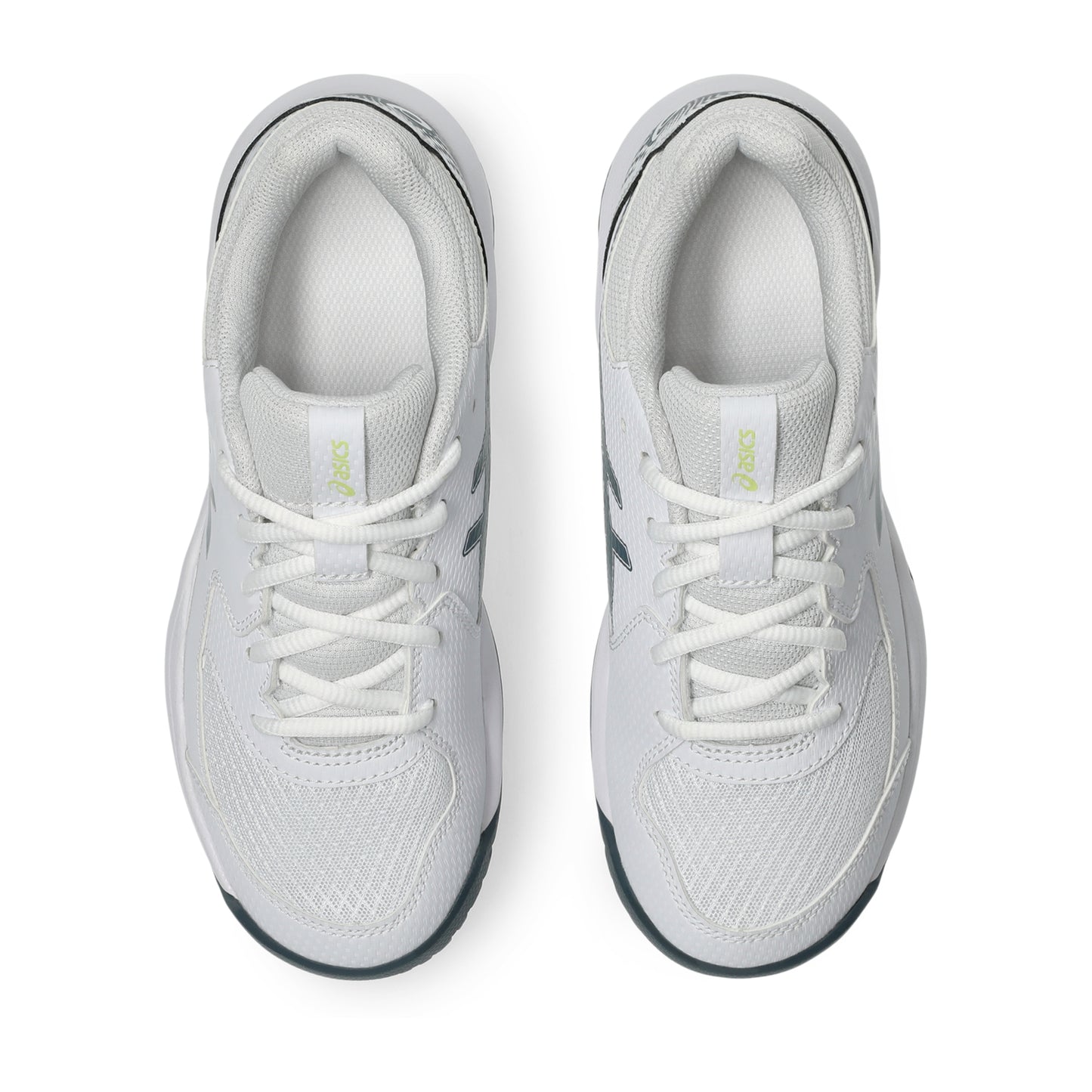 White and green Asics tennis kids shoes on a white background