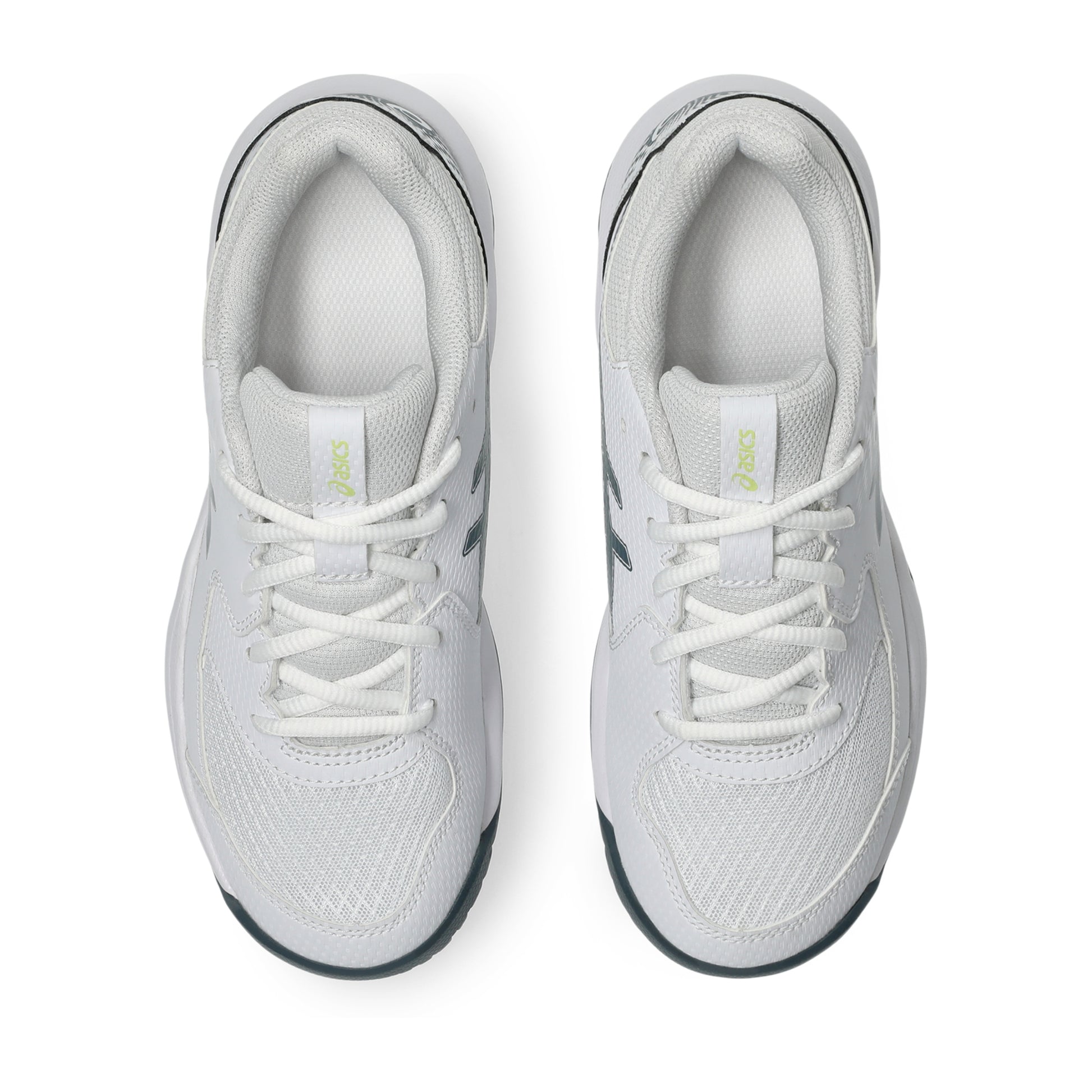 White and green Asics tennis kids shoes on a white background