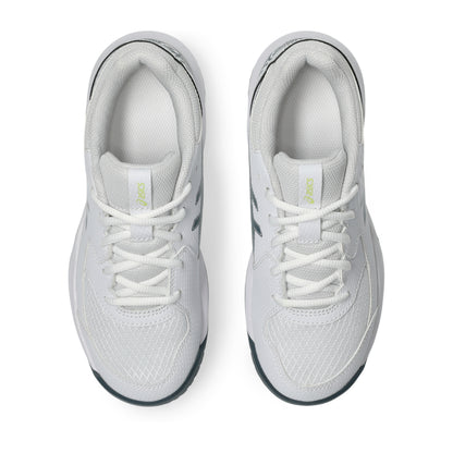 White and green Asics tennis kids shoes on a white background