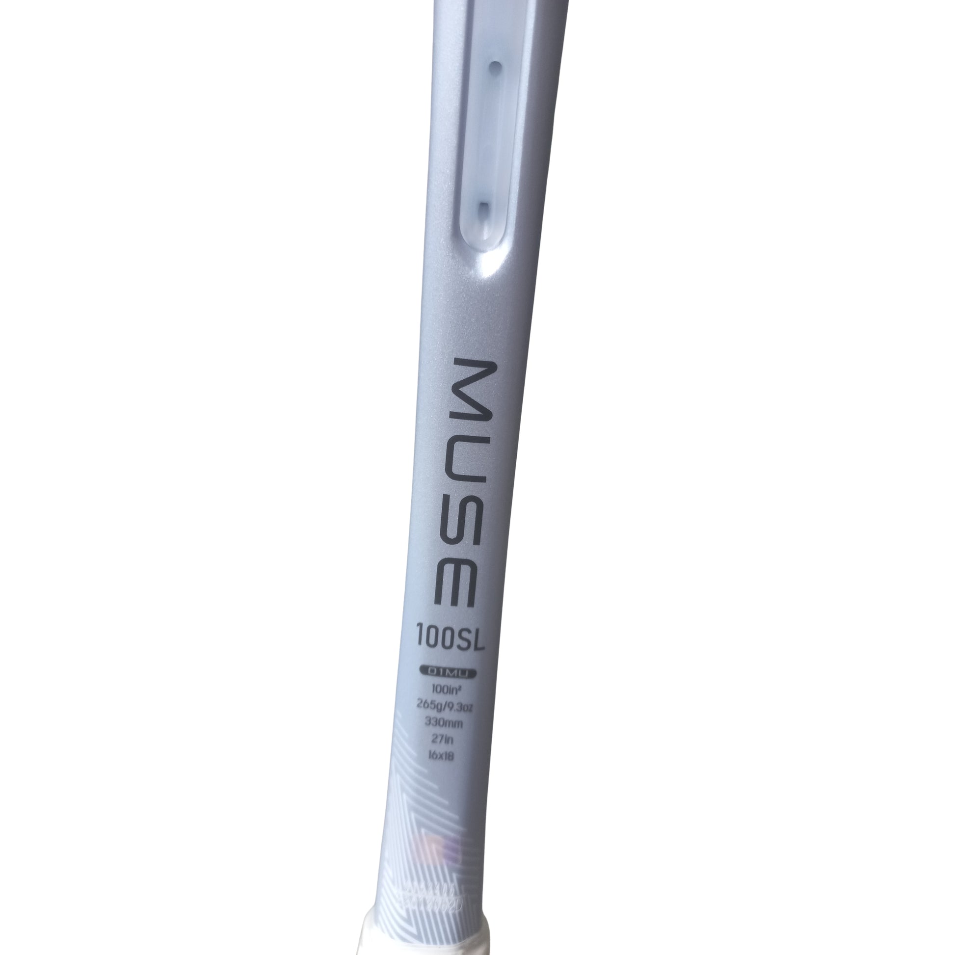 Close-up of a Yonex tennis racket with 'MUSE' branding on a white background