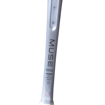 Close-up of a Yonex tennis racket with 'MUSE' branding on a white background