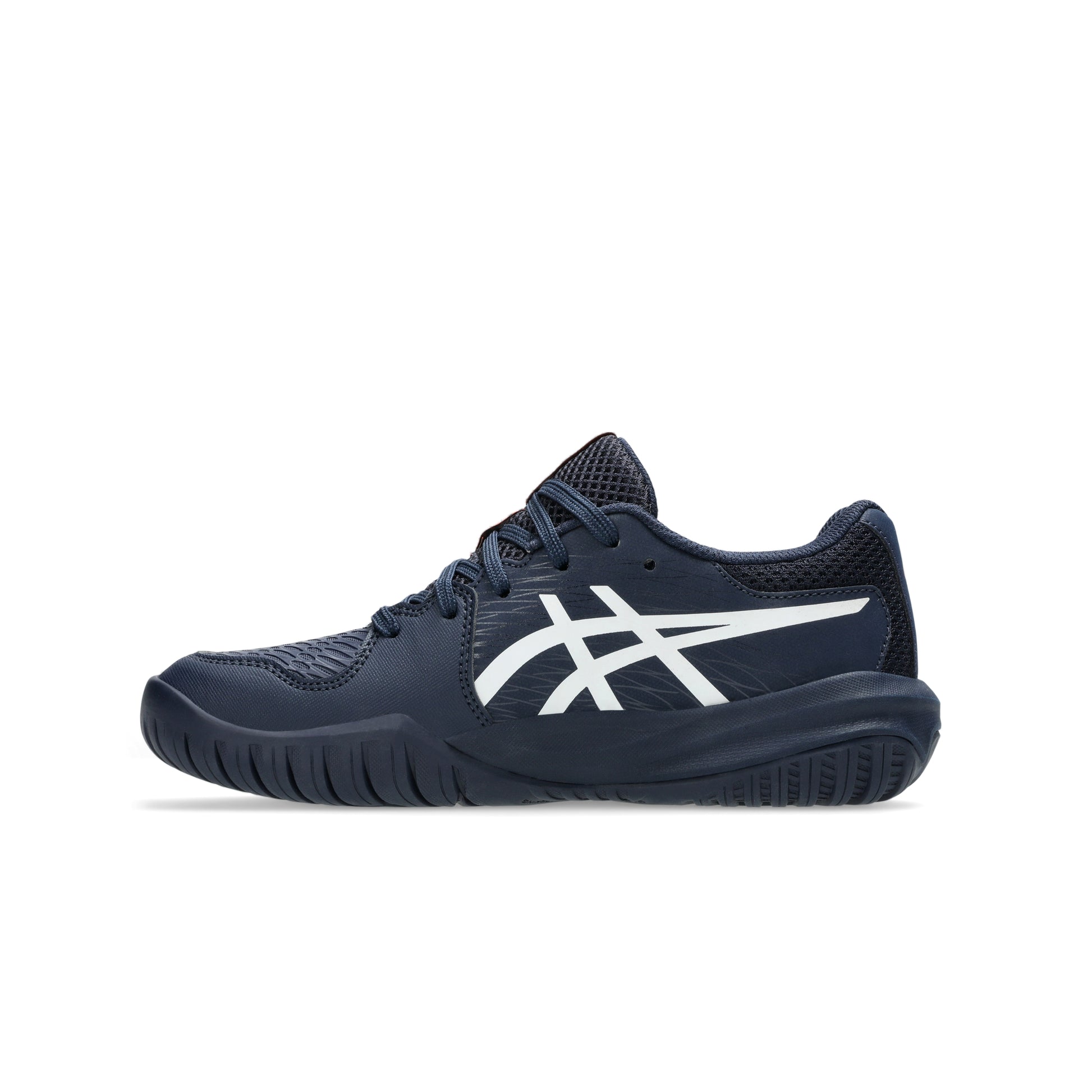Navy Asics tennis shoe on a white background