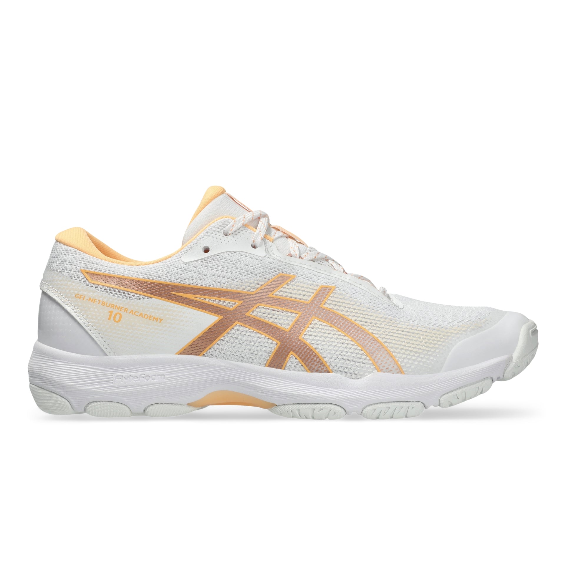 A white ASICS netball shoe with metallic gold stripes and a light peach-orange collar, shown in a side profile on a white background.