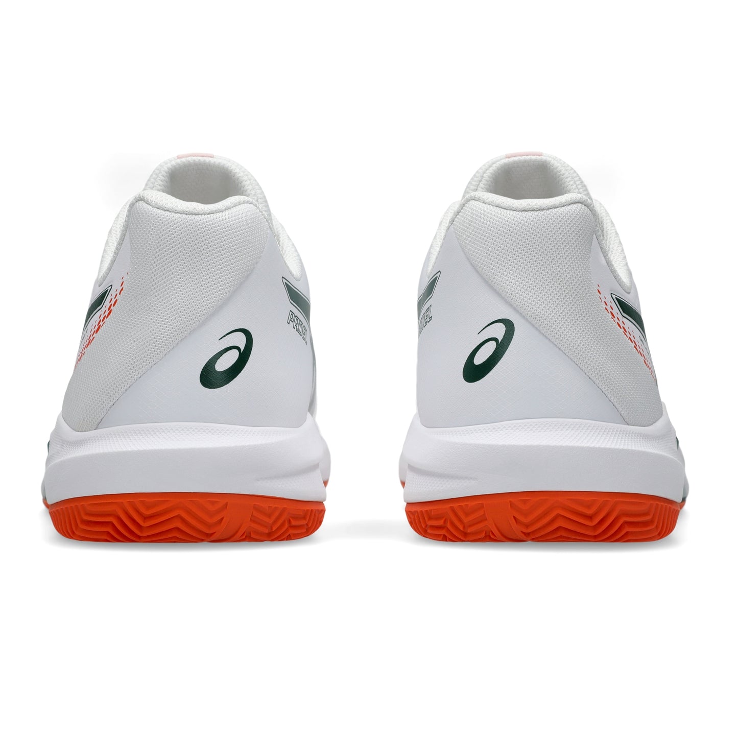 A pair of white Asics padel shoes shown from the back, featuring a white mesh upper, a dark green Asics logo, and a vibrant orange wavy outsole.