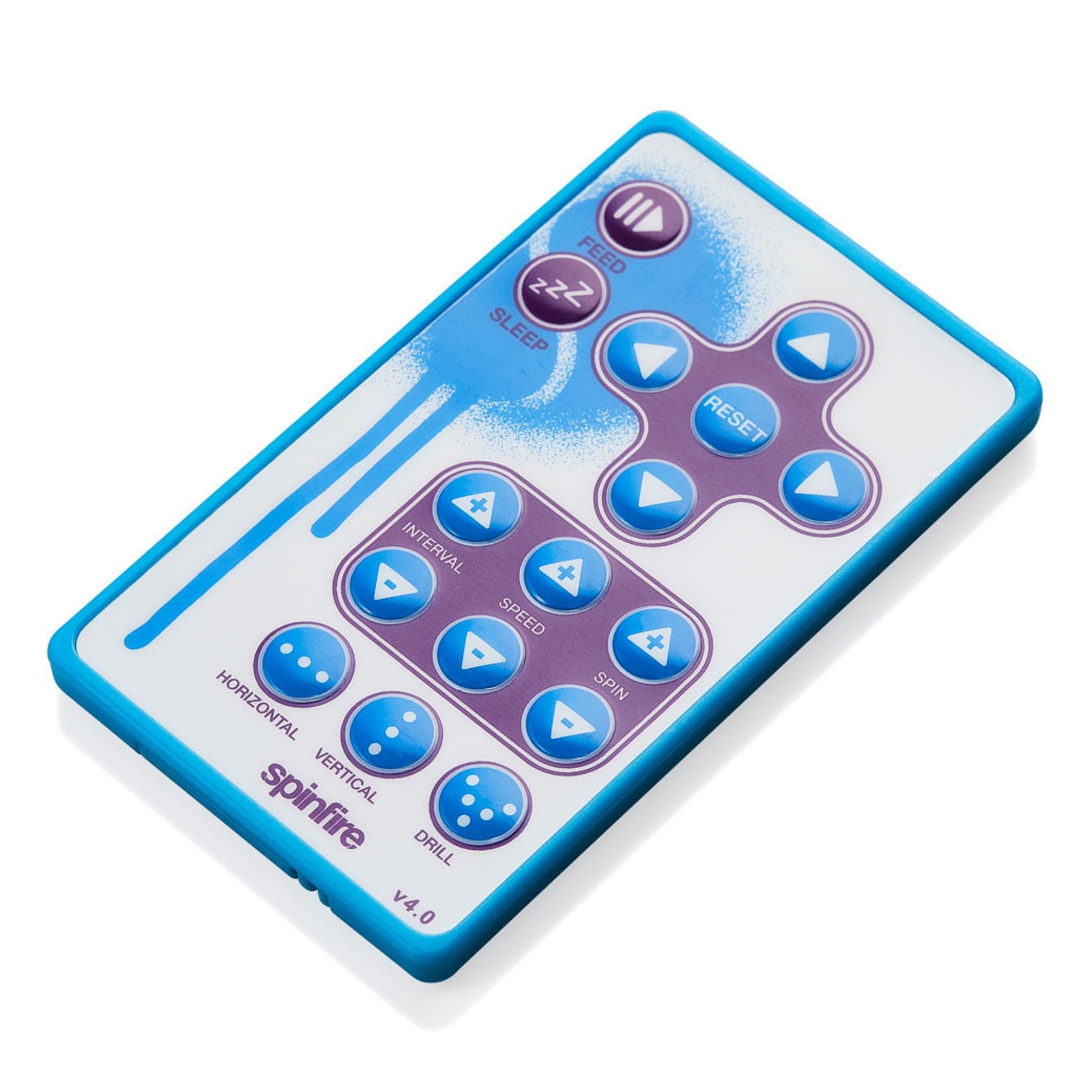 Spinfire Blue and white remote control with various buttons on a white background