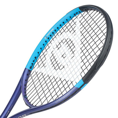 Dunlop tennis racket with blue frame and white strings on a white background