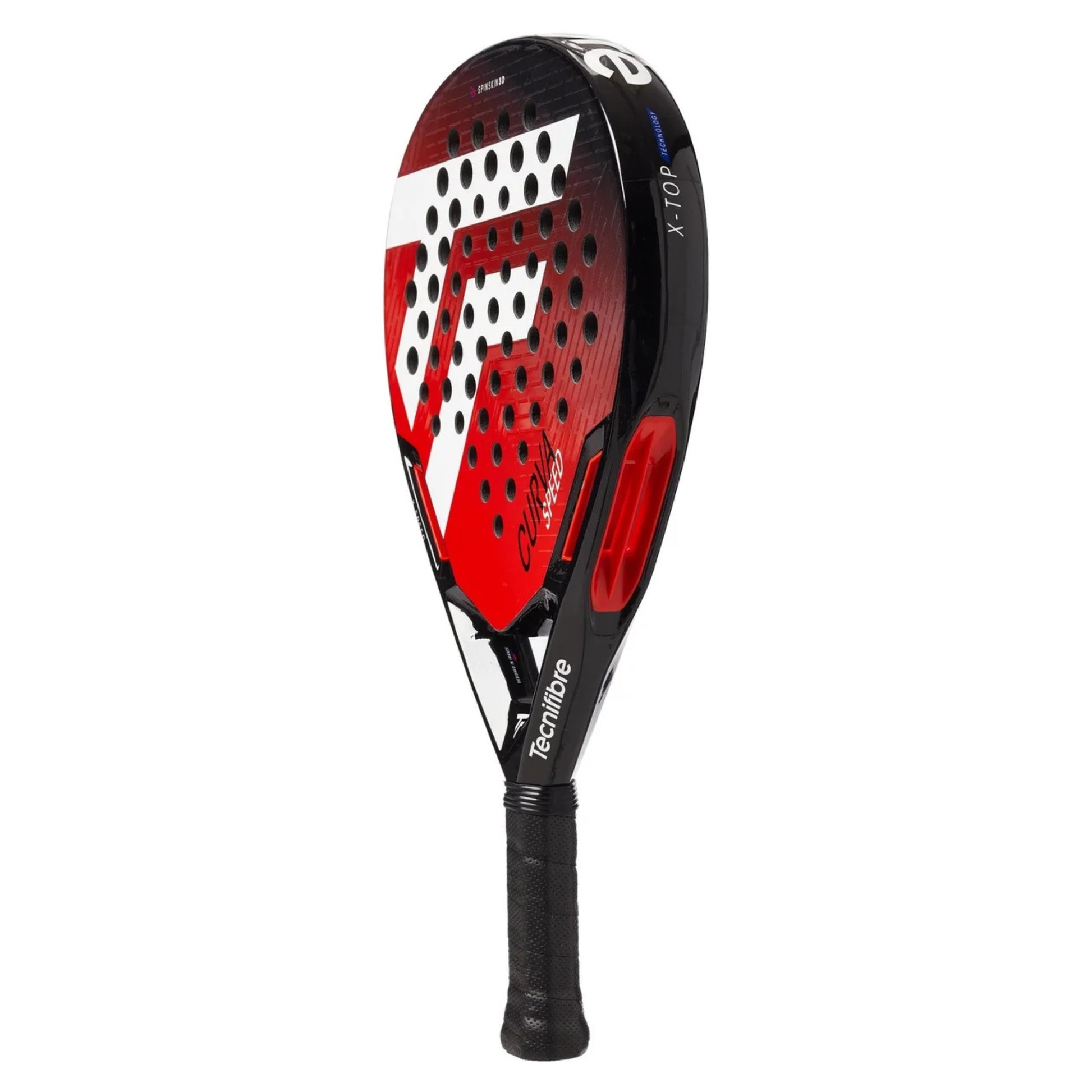 Red and black Tecnifibre padel racket with visible branding on a white background