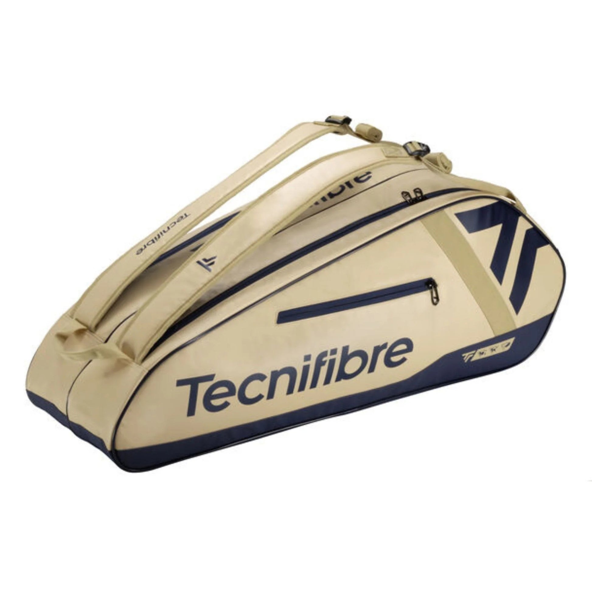 Beige and navy Tecnifibre tennis bag on a white background