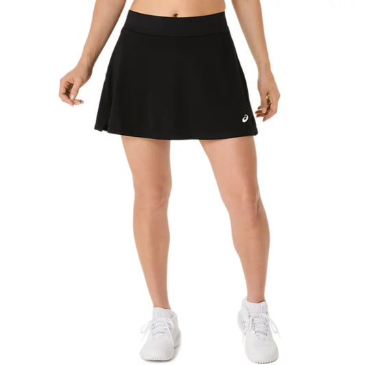 Black Asics tennis skirt with a brand logo worn by a person on a white background