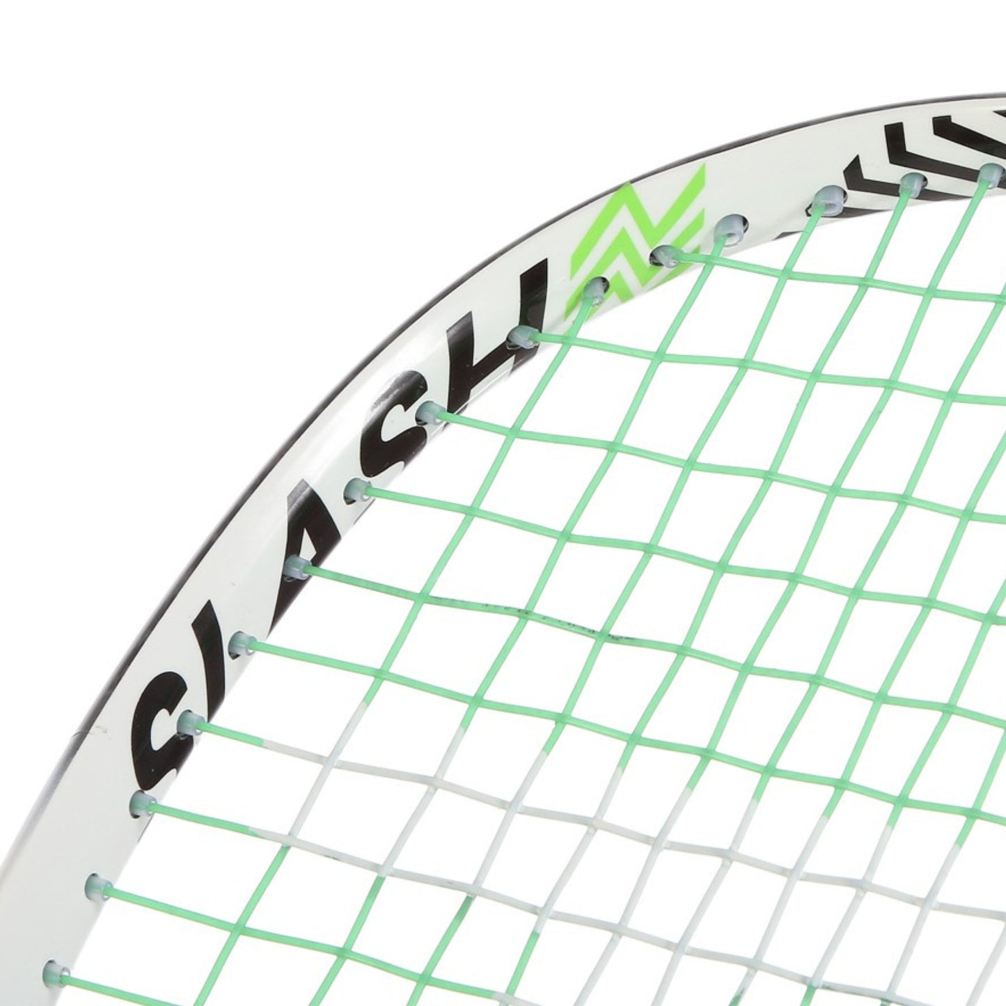 Close-up of a Tecnifibre squash racket throat and string bed, showing a white frame with black and green branding and light green strings on a white background.