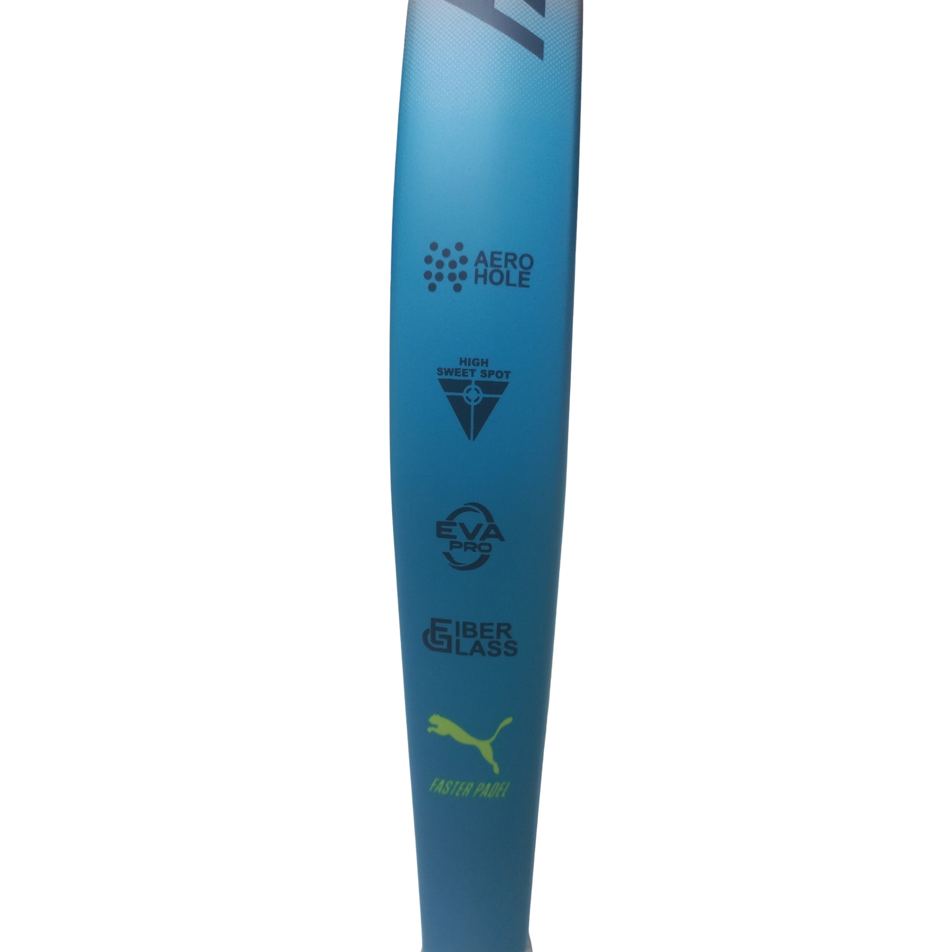 Blue Puma padel side view with branding on a white background