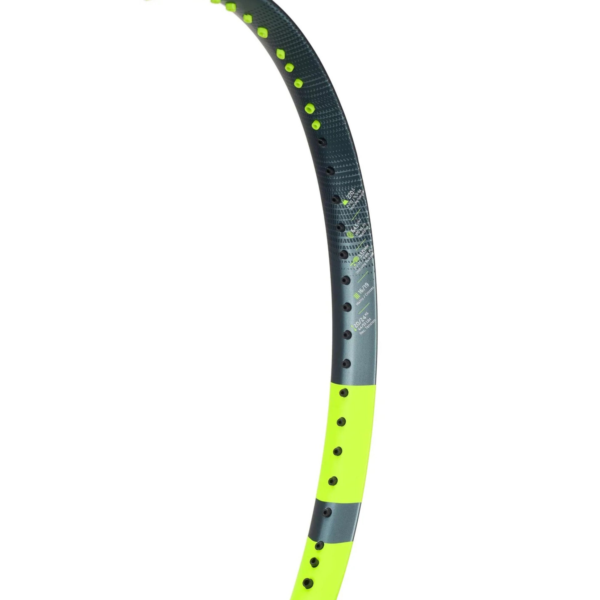Gray and yellow tennis racket frame on a white background