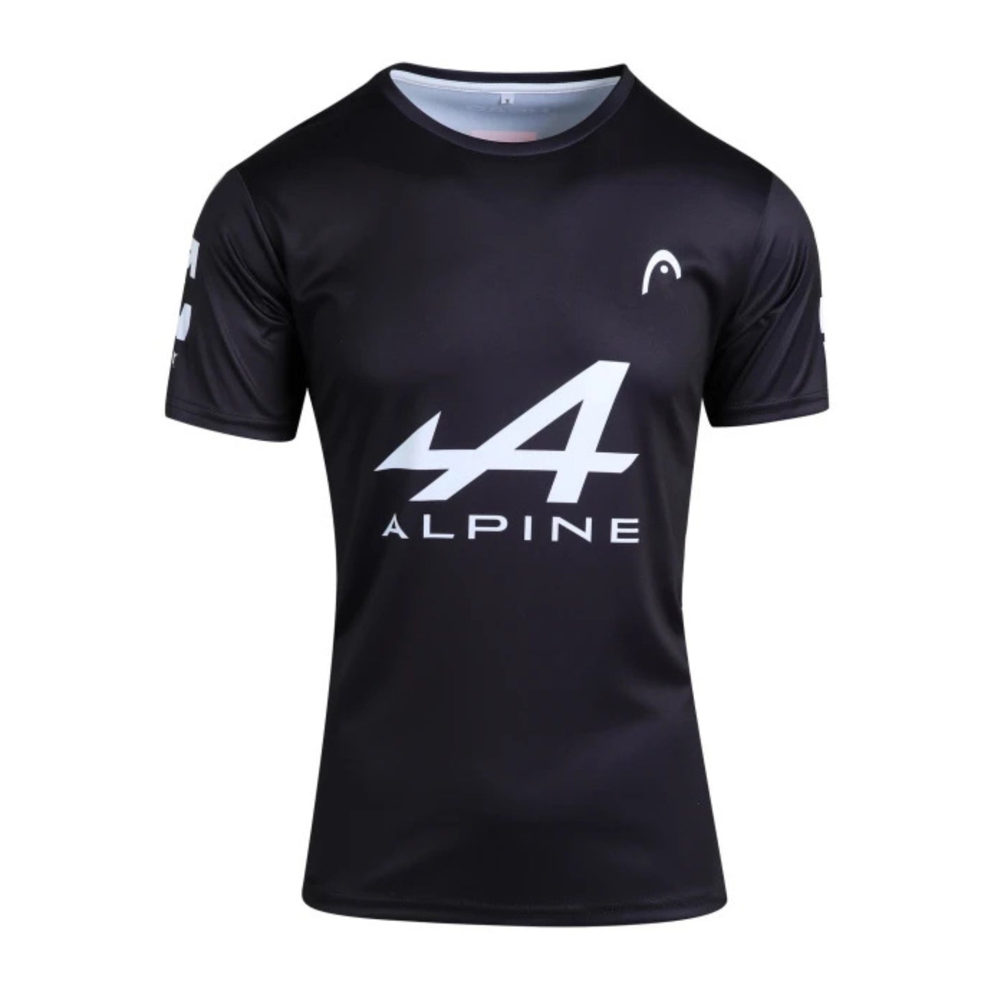 Black t-shirt with 'Alpine' logo on a white background